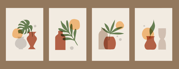 Collection of posters with abstract concepts and pastel colors. Plant leaves, Great design for social media, postcards, prints, wall decoration. Vector illustration