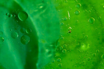 background with oiltrops and watertrops on green with a lot of bubbles
