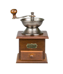 Vintage coffee mill. Wooden and metallic grinder, PNG isolated on transparent background