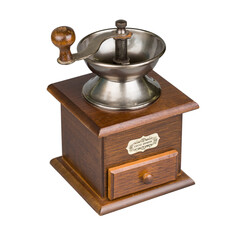 Vintage coffee mill. Wooden and metallic grinder, PNG isolated on transparent background