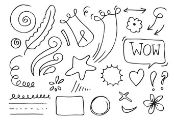 Hand drawn doodle design elements, black on white background. wind, swoops, emphasis, Arrow, crown, line. doodle sketch design elements.