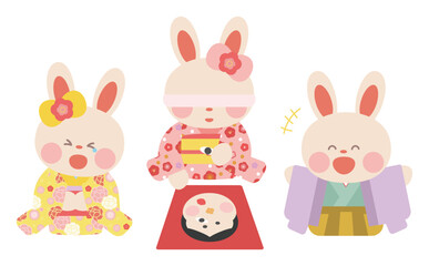 福笑いをする着物を着たうさぎさん