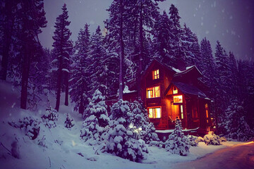Cozy house forest covered in snow, roof in the snow