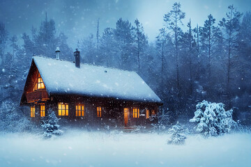 Cozy house snow-covered forest, snow-covered
