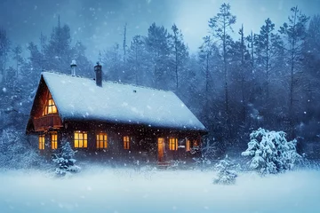 Fotobehang Cozy house snow-covered forest, snow-covered © Llama-World-studio