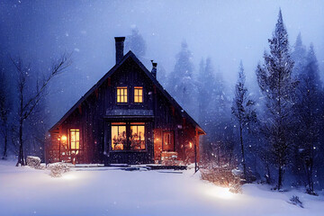 Cozy house forest covered in snow, snow-covered