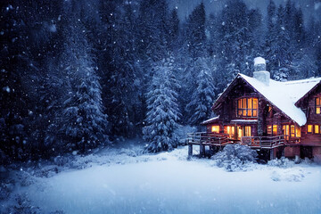 Wooden house trees covered with snow, covered in snow