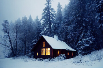 Cozy house trees covered with snow, covered in snow