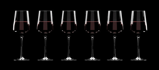 Silhouettes of six wine glasses with red wine on black background
