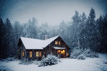 Fotobehang Cozy house trees covered with snow, covered in snow © Llama-World-studio