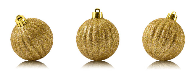 Gold Christmas baubles in different angles with clipping path.