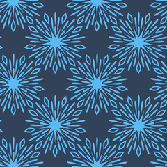 Blue on dark background, symmetrical seamless pattern vector mandala illustration. Round snowflake crystal