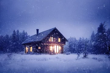 Fotobehang Cozy wood house winter forest, snow-covered © Llama-World-studio