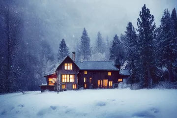 Fotobehang Cozy wood house trees covered with snow, snow-covered © Llama-World-studio
