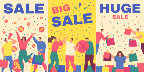 Cartoon Color Big Sale Shopping Concept Poster Card Set with Characters People Flat Design Style. Vector illustration
