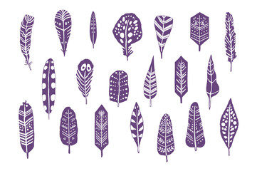 Feathers doodle vector illustrations set.