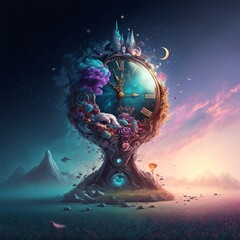 Obraz premium fantastic surreal world, in the realm of dreams, magic clock fantasy cover illustration, generative ai