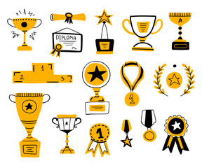 Cartoon Doodle Gold Medal and Champion Trophy Cup Icons Set Award Concept Flat Design Style. Vector illustration