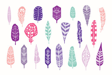 Feathers doodle vector illustrations set.