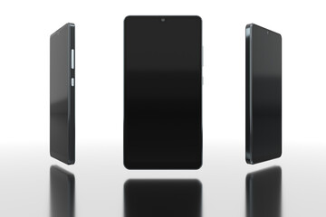 Smartphone isolated on white. Cross light or Rim light. Bright scene with Reflection. Mockup Device template. Three smart phones professional look. No buttons no labels, blank Phone. 3D render.
