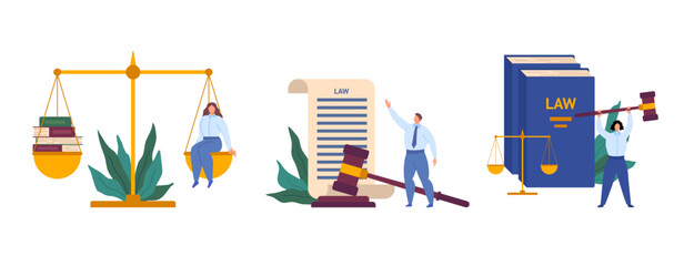 Cartoon Color Characters People and Law Justice Scenes Concept Flat Design Style Scale and Gavel Elements. Vector illustration