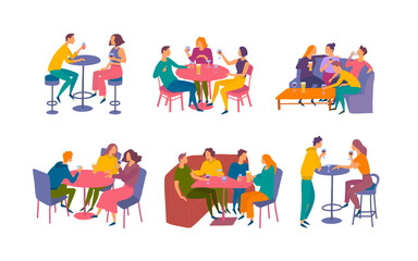 Fototapeta premium Cartoon Color Characters People Sitting at Cafe Table Concept Flat Design Style. Vector illustration of Friends Together Drinking