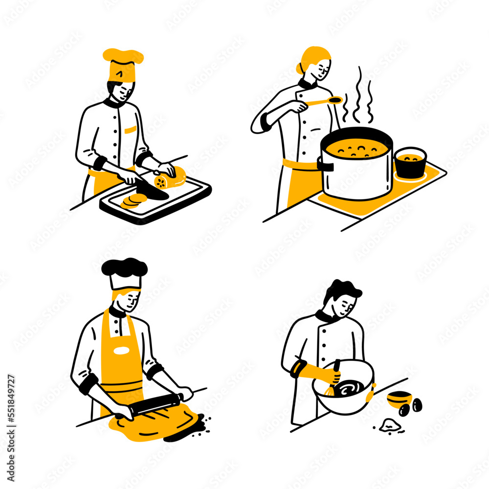 Wall mural Cartoon Doodle Color Characters People and Restaurant Worker Cook Chef Concept Flat Design Style. Vector illustration of Cooking Food