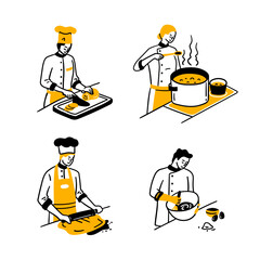 Cartoon Doodle Color Characters People and Restaurant Worker Cook Chef Concept Flat Design Style. Vector illustration of Cooking Food