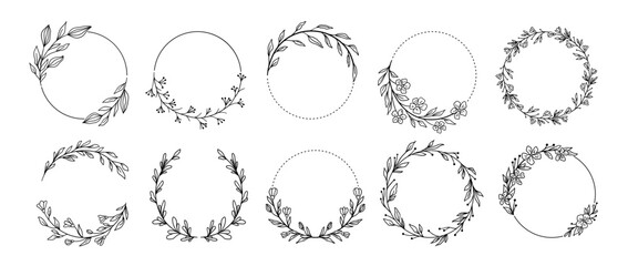 Wreath Signs Frames with Flowers, Branch or Leaves Black Thin Line Set. Vector illustration of Circle Frame