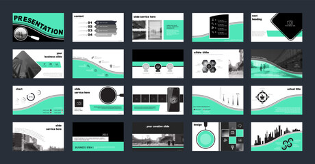 Template presentation. Design elements green of infographics for business slides on a black background. Use as a postcard, annual report, marketing, banner advertising, design services, Vector, logo