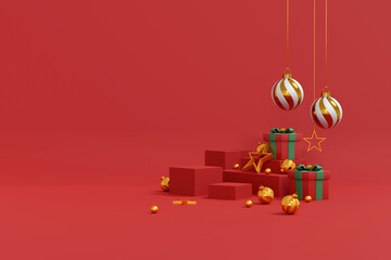 Red Merry Christmas and Happy New Year 2023. Red gift box, golden ball and Christmas decoration in the red and green room background, Winter holiday banner greeting card and product presentation. 3D