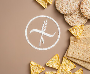 gluten free bread concept. puffed rice bread on beige background. text space . 