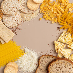 Gluten free food products pasta bread with text space. Celiac diet banner or cover 