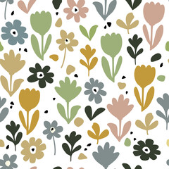 Modern abstract botanical seamless pattern. Minimal design of flowers and shapes in various sizes and pastel colors