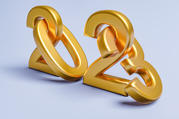 New year holiday concept in golden colors. Number 2023