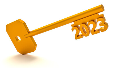 Concept key with new year 2023 isolated on white background