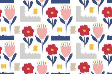 Fototapeta na wymiar Modern art scandinavian seamless pattern of red rose flowers, blue leaves, yellow spots, wrinkled edges, white background. Fabric design, interior, wallpaper, underwear, cover