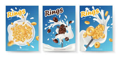 Breakfast cereal realistic poster set with rings isolated. Concept of healthy breakfast. 3d ring cereals or cheerios ad template.
