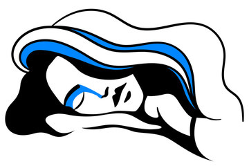 vector linear illustration of a girl who sleeps sweetly with her head on her palm with beautiful hair falling down on her face. useful for advertising relaxing aids, pillows, blankets, sleep pills