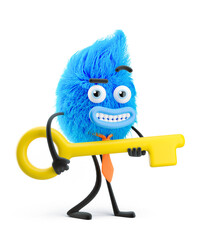 Fluffy businessman with big key. 3d illustration. Cartoon character. Solve business problem concept.