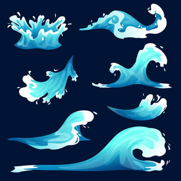 Water splash, vfx game cartoon set. Blue water spray motion, spatter blast, drip or ripple, Vector illustration