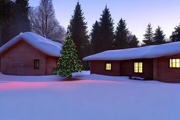 Christmas celebration, Winder holiday beautiful home decoration, Xmas trees, snowy winter morning, frozen path