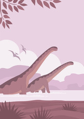 Big sauropods. Herbivorous dinosaur of the Jurassic period. Prehistoric pangolin. Science paleontology. Wild landscape. Vector cartoon illustration © Mikhail