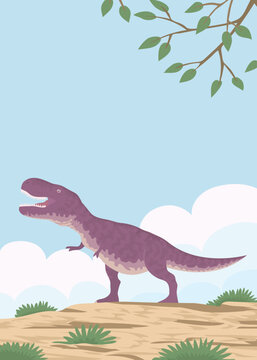 Predatory dinosaur tyrannosaurus rex of the Jurassic period. Carnivorous lizard. Prehistoric strong hunter. Wild landscape. Cartoon vector illustration