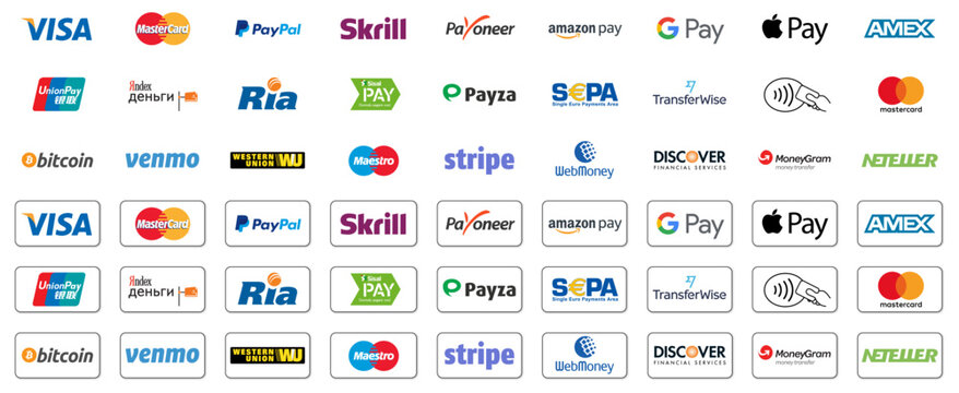 Kiev, Ukraine - December 06, 2022: Popular payment methods systems icons set, company logo: Visa, Mastercard, Paypal, Bitcoin, NFC, Amazon Pay, Apple Pay... PNG image. Editorial vector