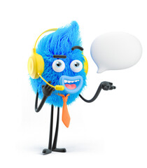 Fluffy businessman in headphones with bubble talk. 3d illustration. Cartoon character. Technical support concept.