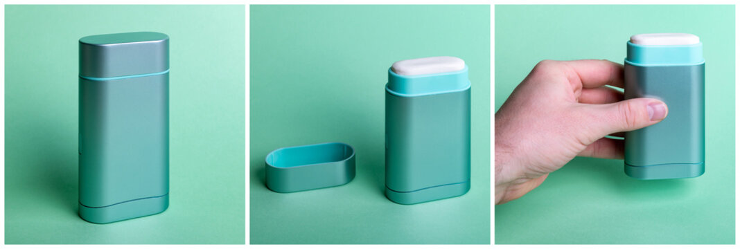 Set of photographs of a deodorant in turquoise color design use. Object shot, opened case and hand holding the cosmetic product.