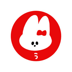 手描きの“う”の文字と丸にうさぎの顔のイラスト - うさぎ年/2023年/令和五年の年賀素材 - 赤
