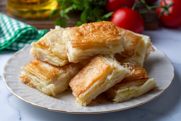 Obraz na płótnie Canvas Delicious Turkish Tray pastry, Su boregi with cheese. Adana borek.