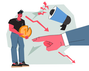 Bad boss humiliates subordinate, boss disrespect or toxic behavior and low pay concept. Toxic aggressive working environment, flat vector illustration isolated on white.